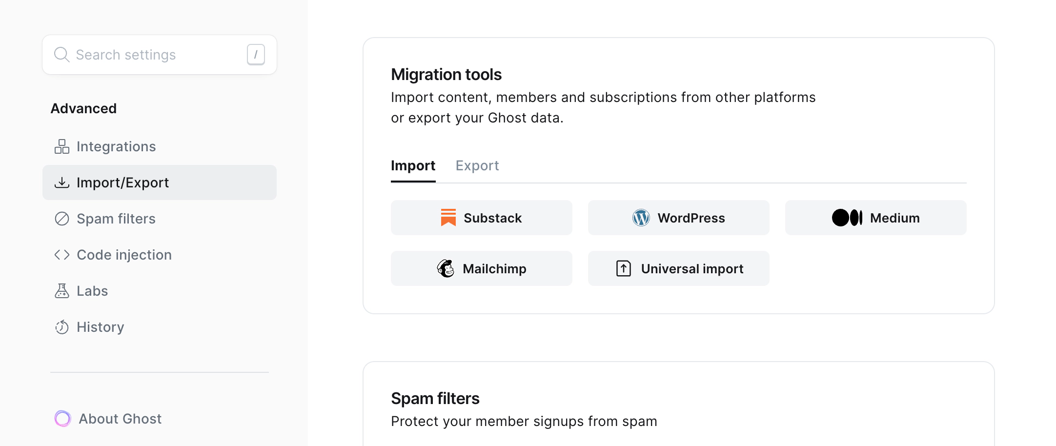 Image showing WordPress importer in Settings > Advanced > Import/Export
